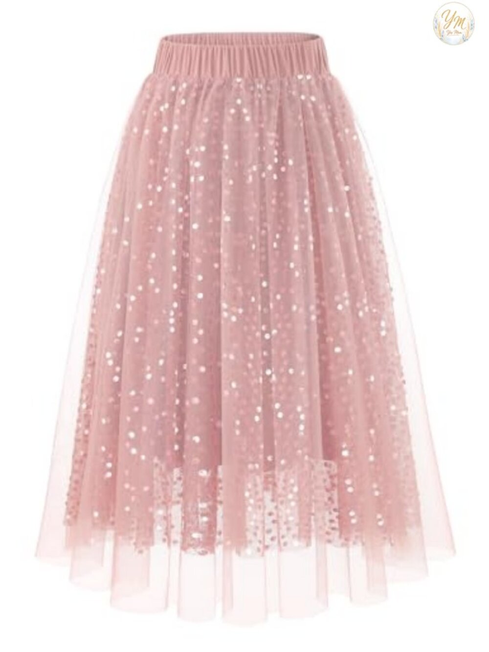 Tulle Skirt Sequin Layered Long Elastic High Waist A-Line